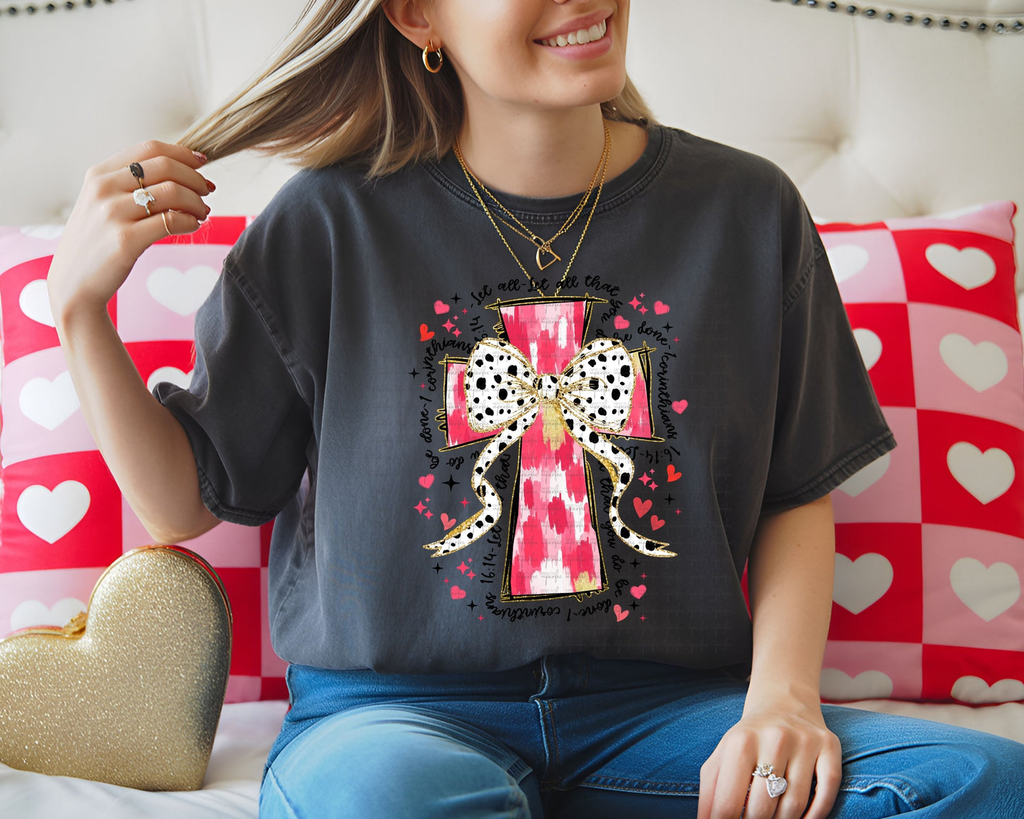 Christian Valentine Shirt – Cross with Coquette Bow – 1 Corinthians 16:14 Faith Tee
