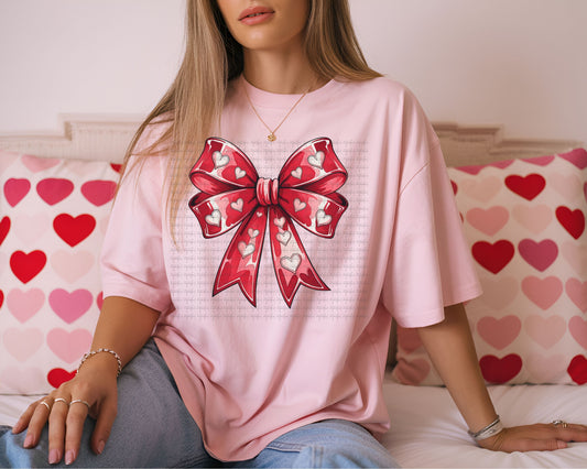 Valentine Coquette Bow Shirt – Big Bow with Hearts Tee | Cute Valentine Aesthetic Shirt | Girly Valentine Outfit