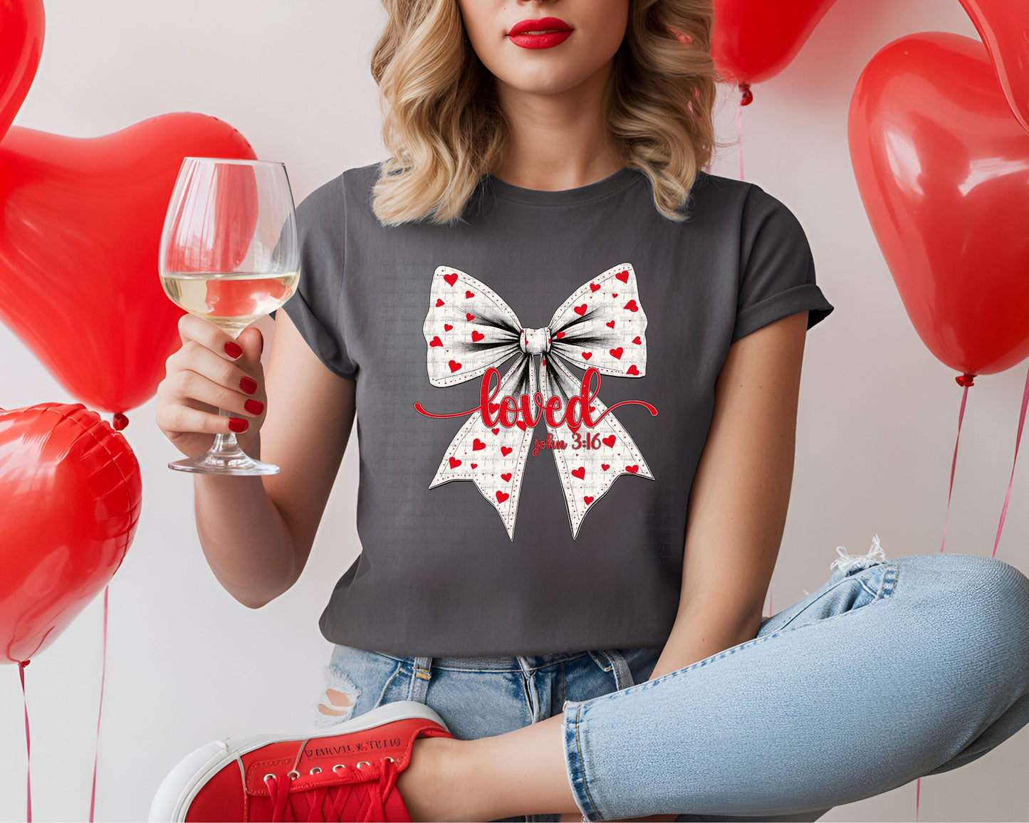 Christian Valentine Shirt – Large Bow with Hearts – Loved John 3:16 Faith Tee